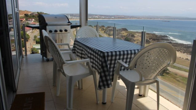 Mossel Bay self-catering accommodation apartment Nautica 701, this is the veranda with a spectacular view, gas barbecue in the background
